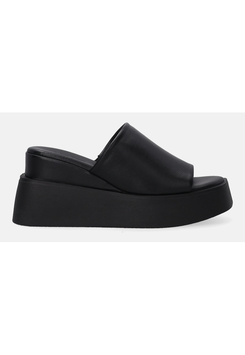 Papuci din piele cu varf rotund si talpa wedge