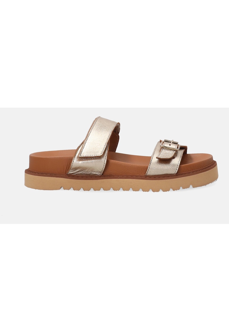 Papuci din piele cu catarama si bareta cu inchidere velcro