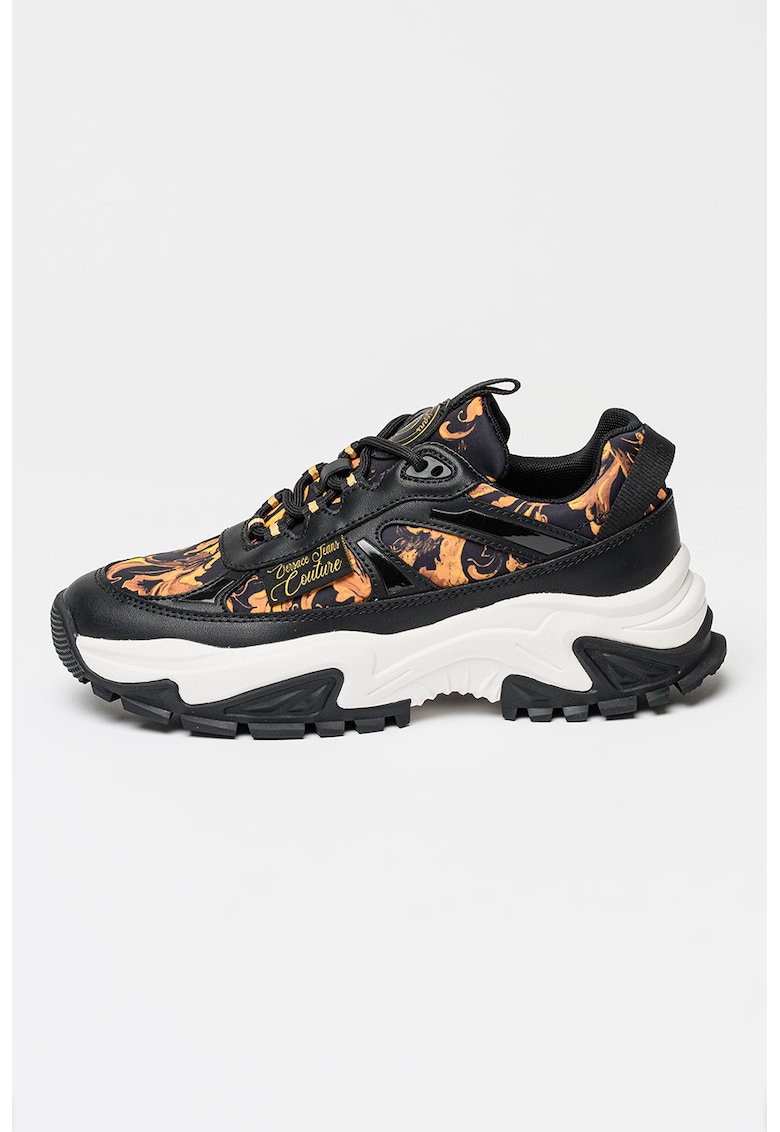 Pantofi sport cu talpa wedge si model logo - Negru/Portocaliu pal