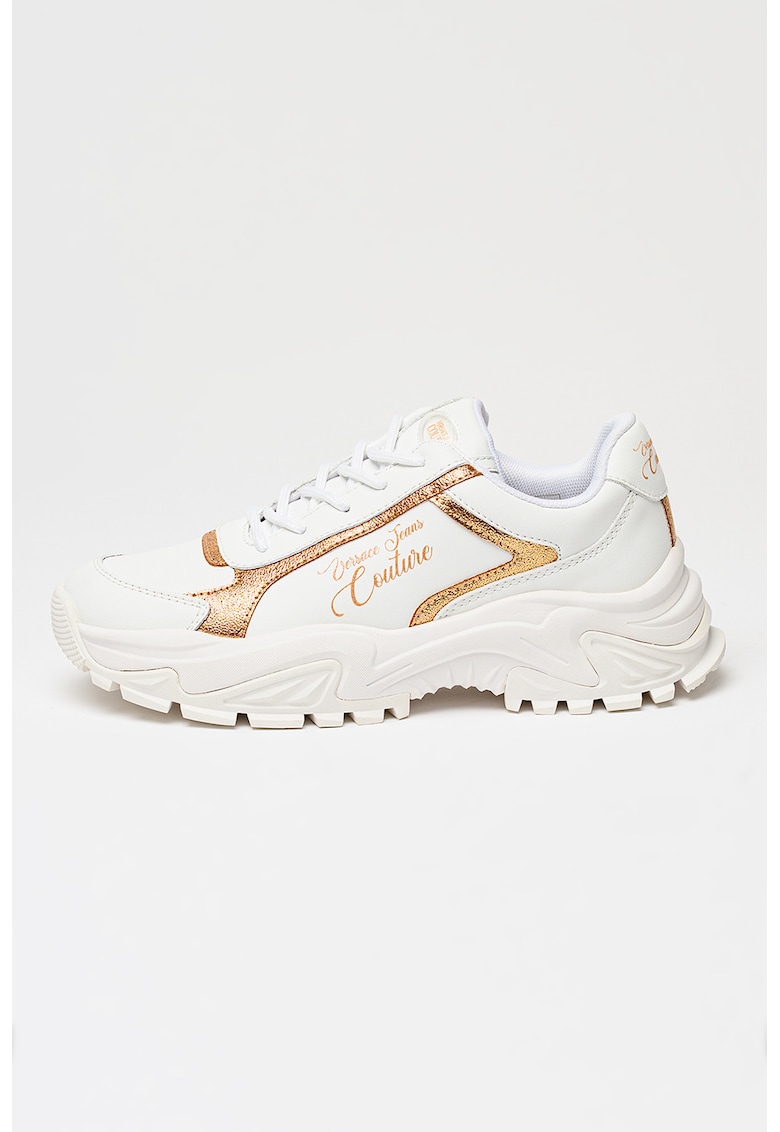 Pantofi sport din piele cu talpa wedge - Auriu/Alb optic