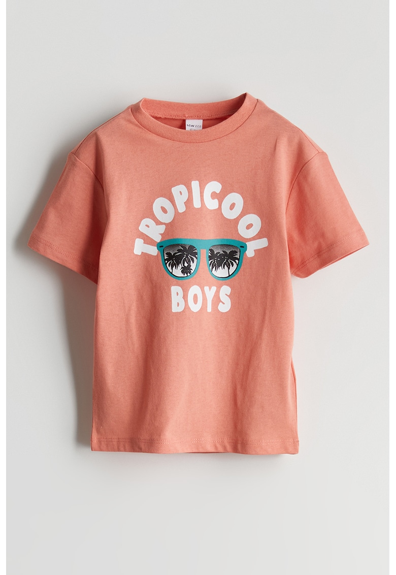 Tricou de bumbac cu imprimeu si decolteu la baza gatului