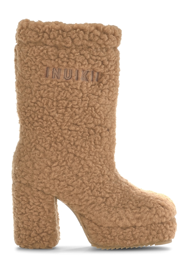 Cizme medii din blana shearling cu toc masiv