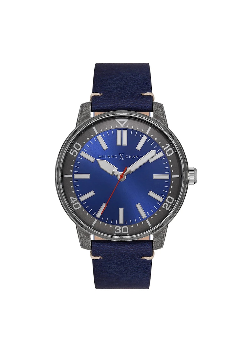Ceas barbatesc MEX3222 44mm - carcasa din otel - curea din piele ecologica - gri - albastru inchis