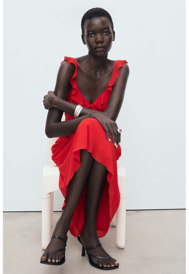 Rochie midi cu decolteu cu volane - Rosu vermillion