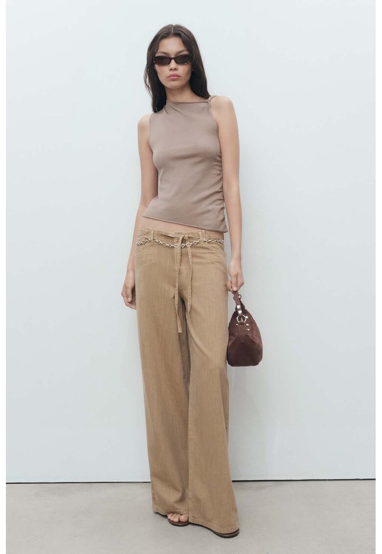 Pantaloni drepti cu snur - Maro nisip