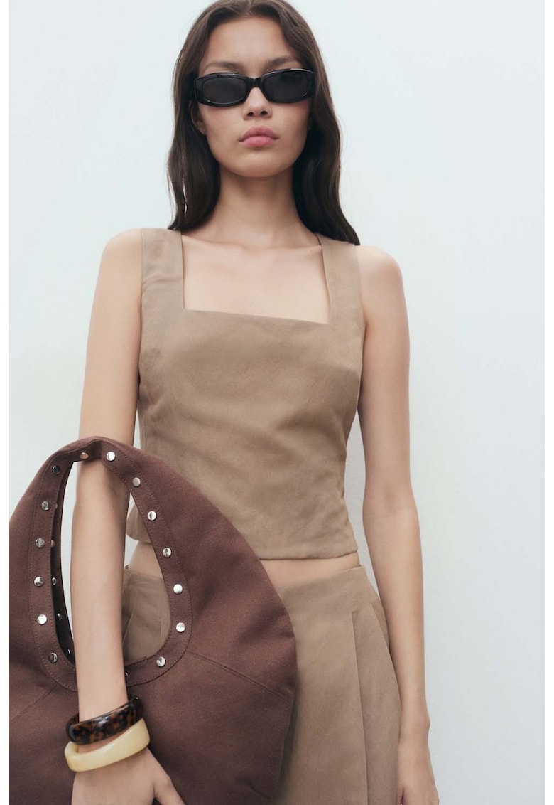 Top crop cu decolteu patrat - Maro nisip