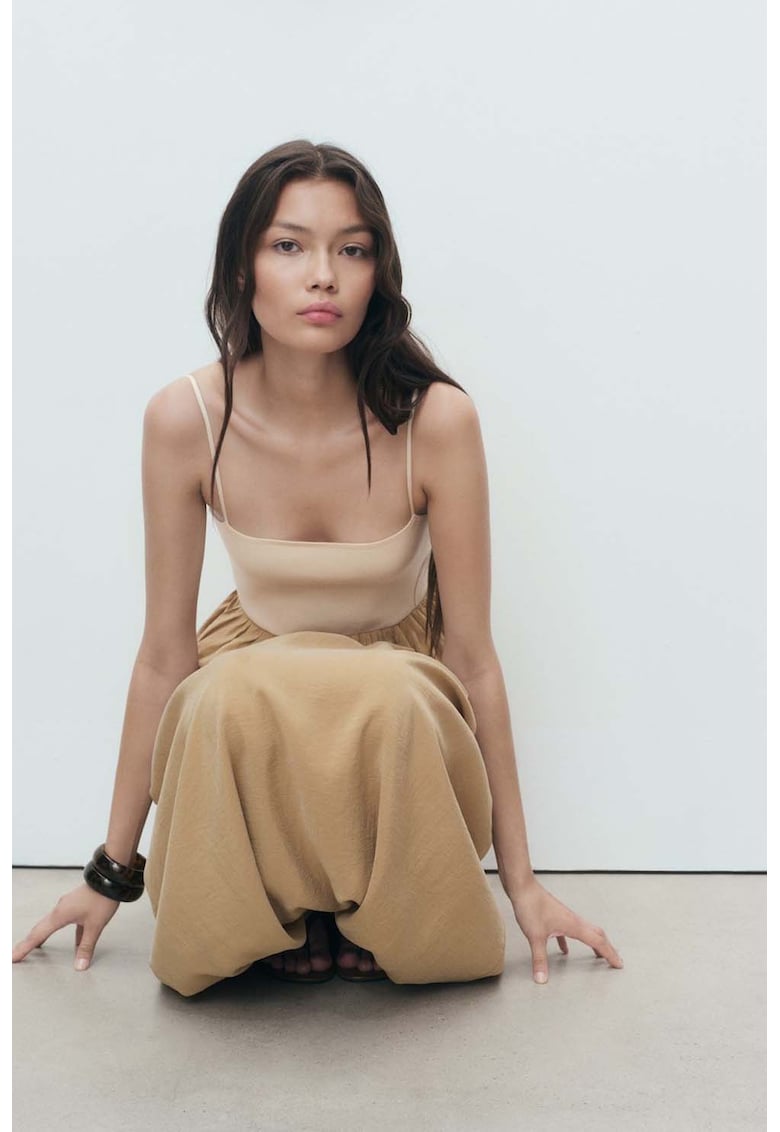 Rochie midi cu bretele ajustabile - Alb fildes/Maro deschis