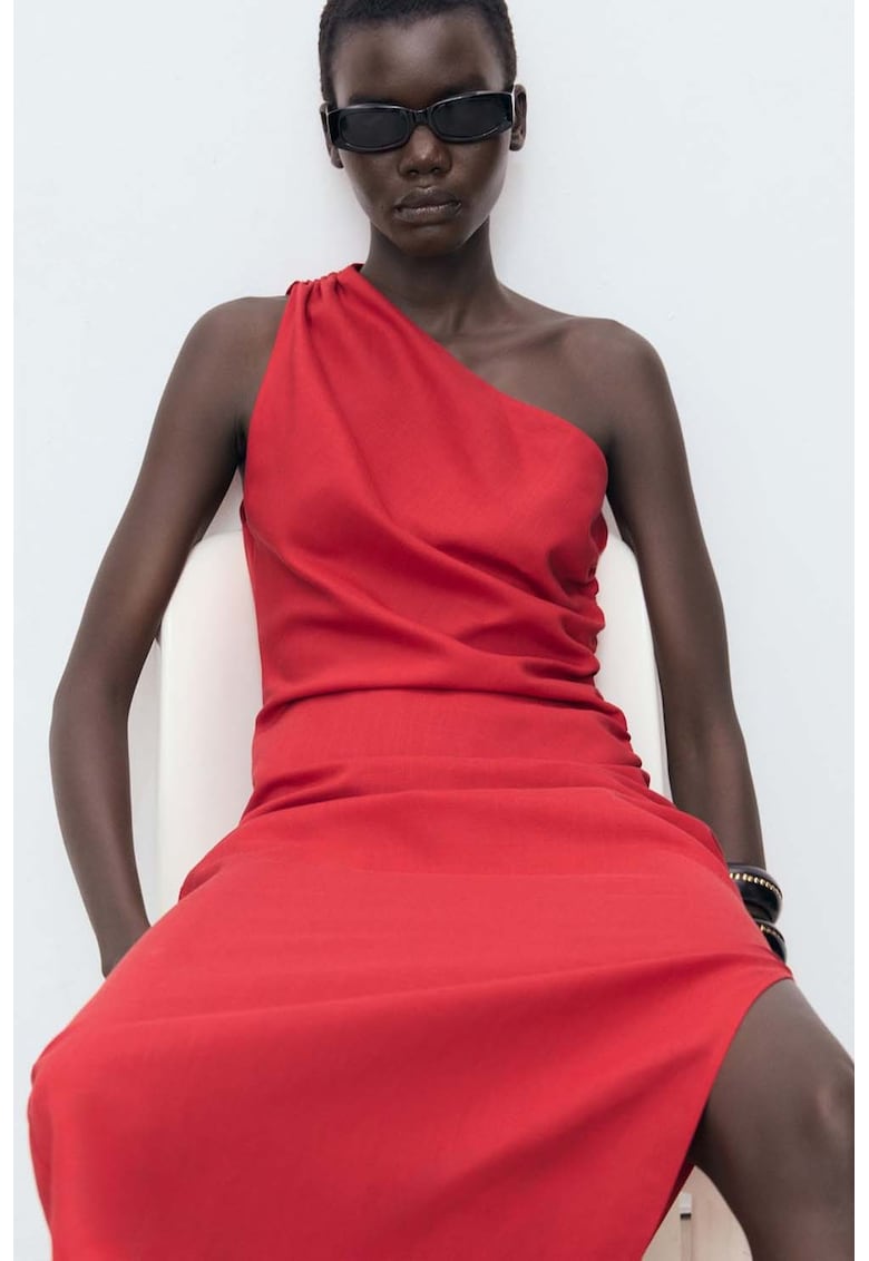Rochie din amestec de in cu decolteu pe un umar si slit lateral - Rosu inchis