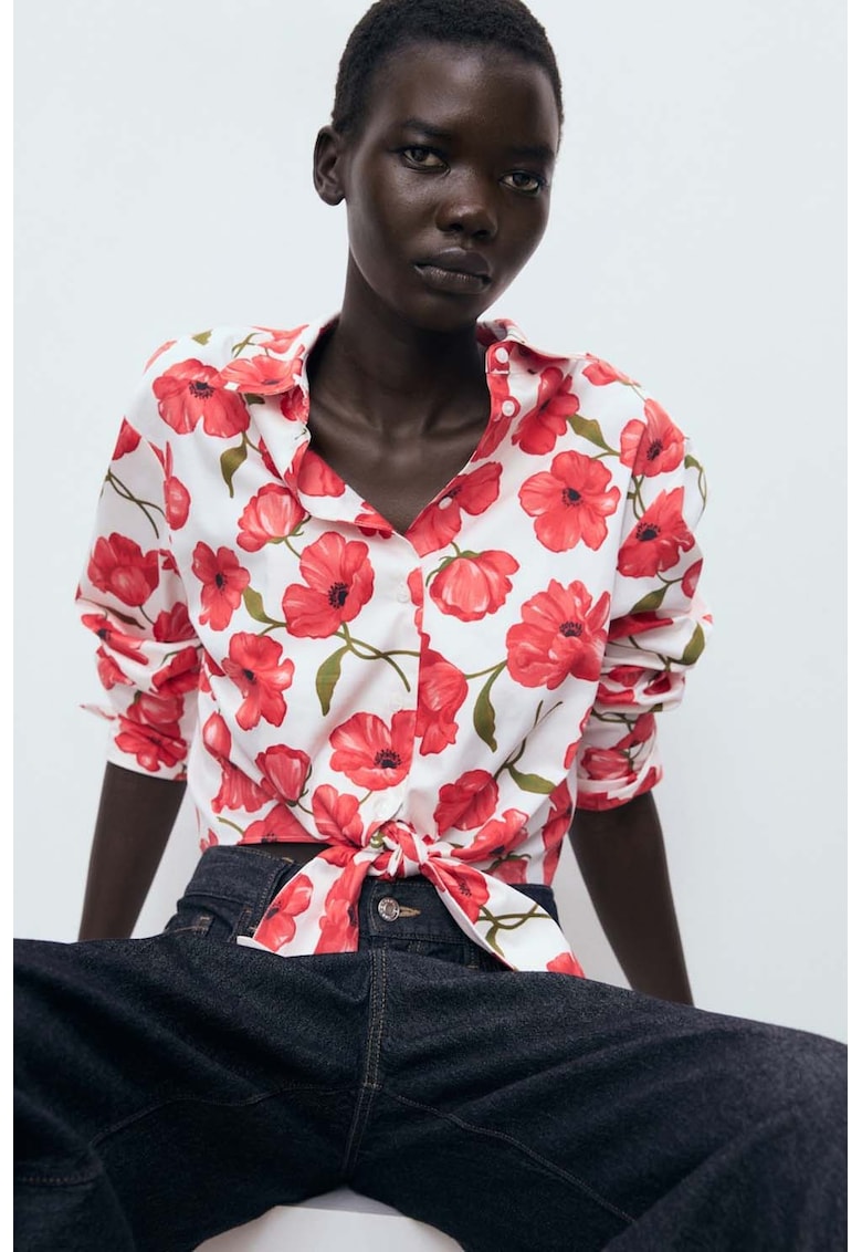 Camasa cu imprimeu floral si nod frontal