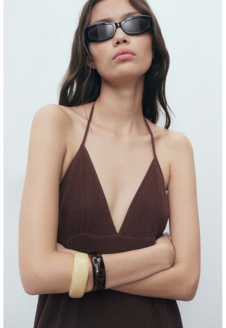 Rochie midi de bumbac texturat cu decolteu in V