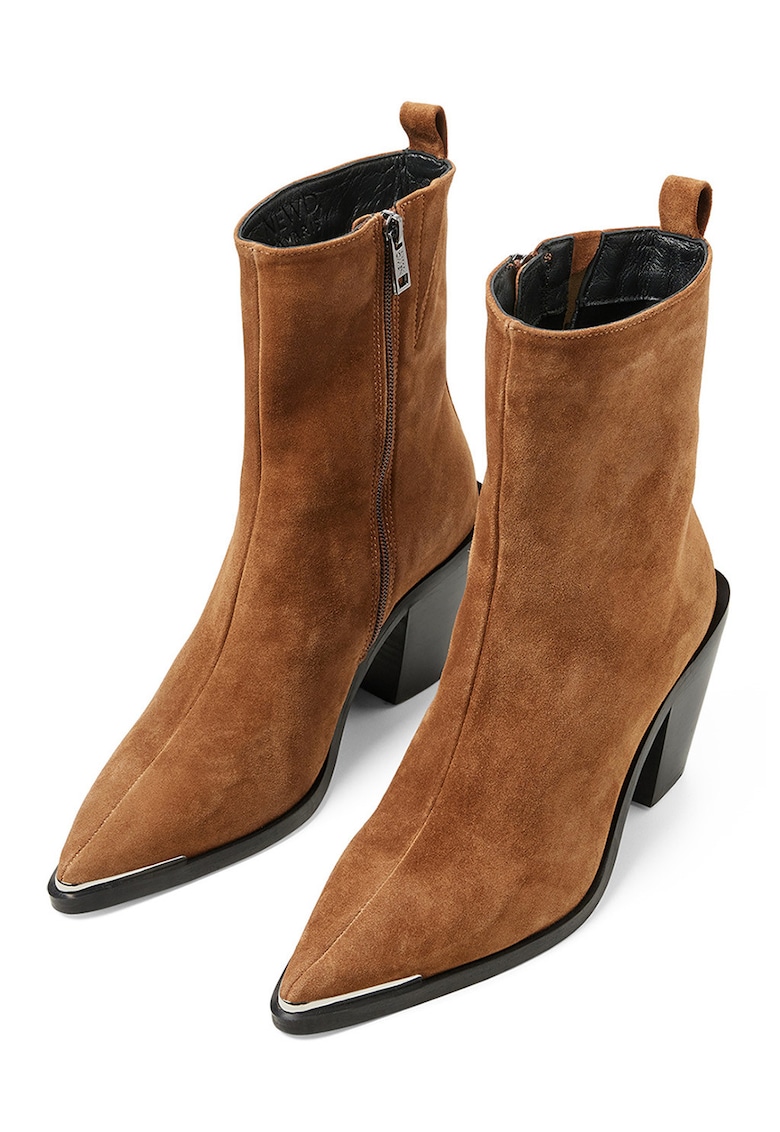 Botine din material textil cu toc masiv - Caramel