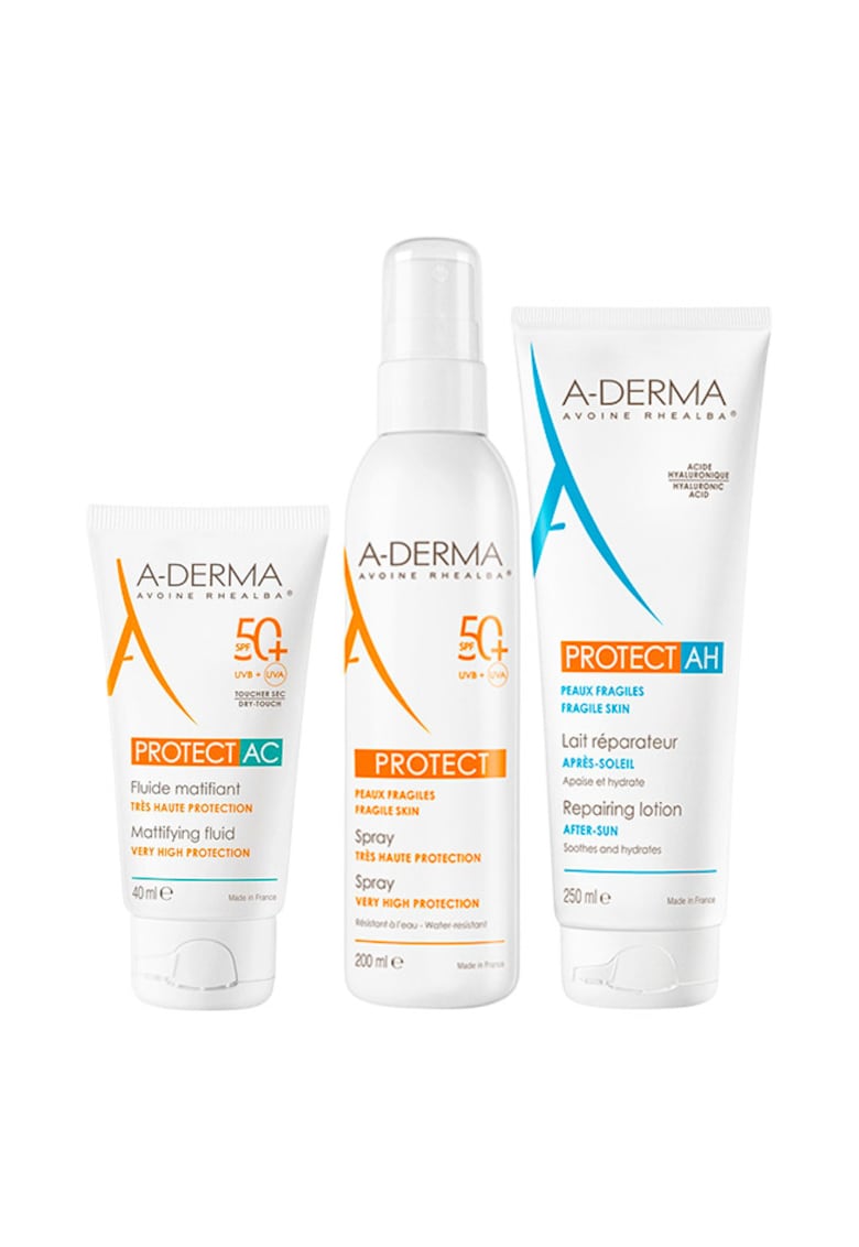 Pachet  Protect – Fluid matifiant protectie solara SPF 50+ - 40 ml + Spray protectie solara SPF 50+ - 200 ml + Lotiune reparatoare after sun Protect AH - 250 ml