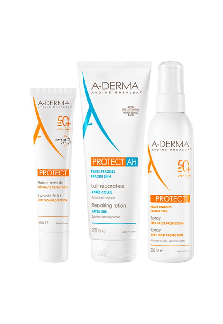 Pachet  Protect – Fluid invizibil protectie solara SPF 50+ - 40 ml + Spray protectie solara SPF 50+ - 200 ml + Lotiune reparatoare after sun Protect AH - 250 ml