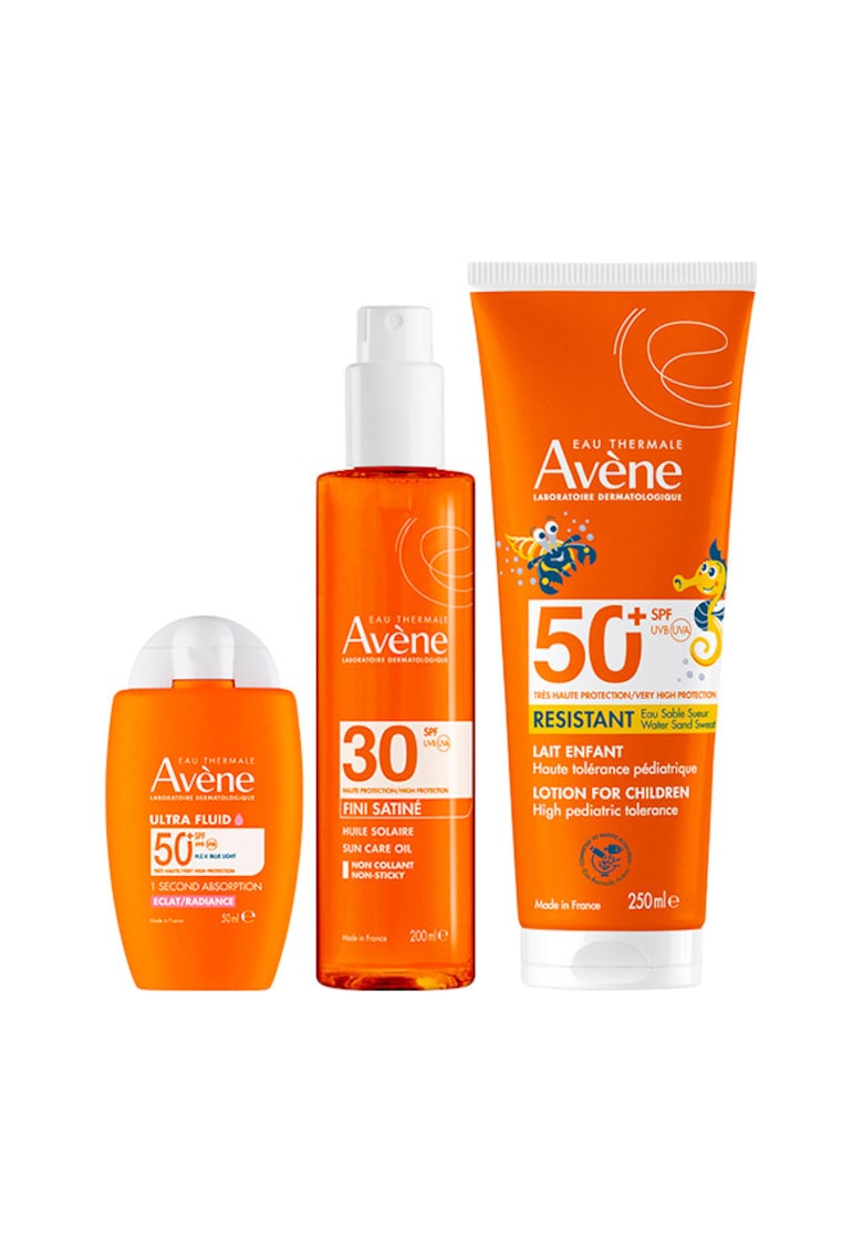 Pachet Avène – Fluid protectie solara fata Ultra Radiance SPF 50+ - 50 ml + Ulei satinat protectie solara SPF 30 - 200 ml + Lotiune protectie solara copii SPF 50+ - 250 ml