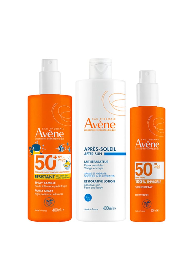 Pachet Avène – Spray protectie solara SPF 50+ 400 ml + Spray protectie solara 100% invizibil SPF 50 200 ml + Lotiune after sun - 400 ml