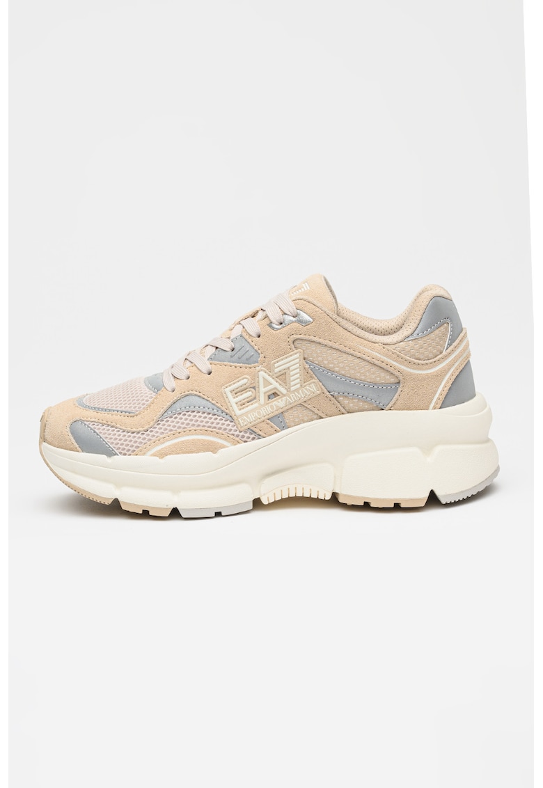 Pantofi sport cu logo si insertii de plasa - Bej/Argintiu - EA7 - imagine 1