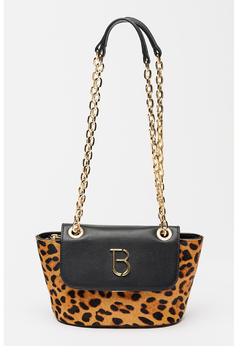 Geanta din piele cu par scurt si animal print Violet - Negru/Maro