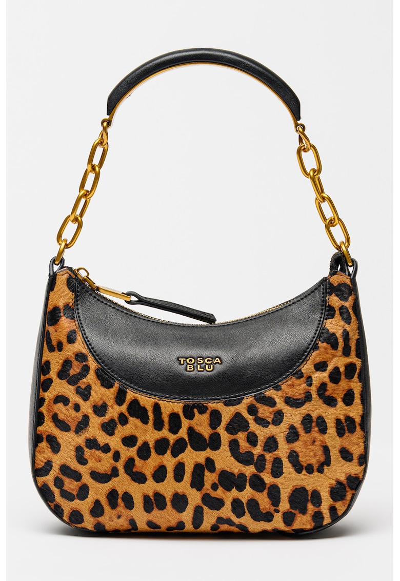 Geanta din piele cu par scurt si bareta de umar Madison - Negru/Maro