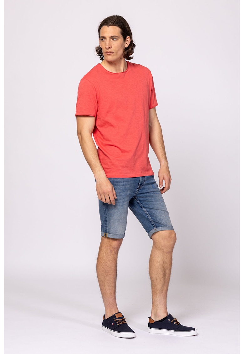 Tricou din bumbac cu decolteu la baza gatului - Coral
