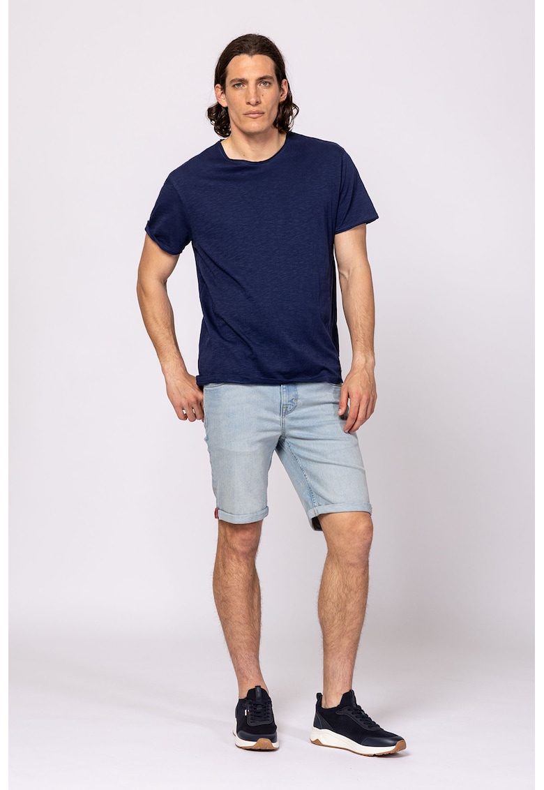 Tricou din bumbac cu decolteu la baza gatului - Albastru inchis