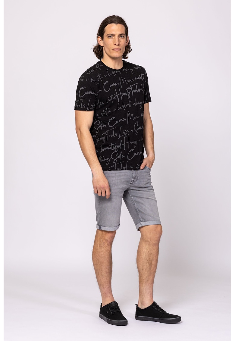 Tricou cu decolteu la baza gatului si imprimeu - Negru