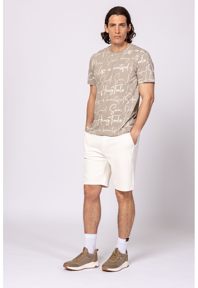 Tricou cu decolteu la baza gatului si imprimeu - Maro nisip