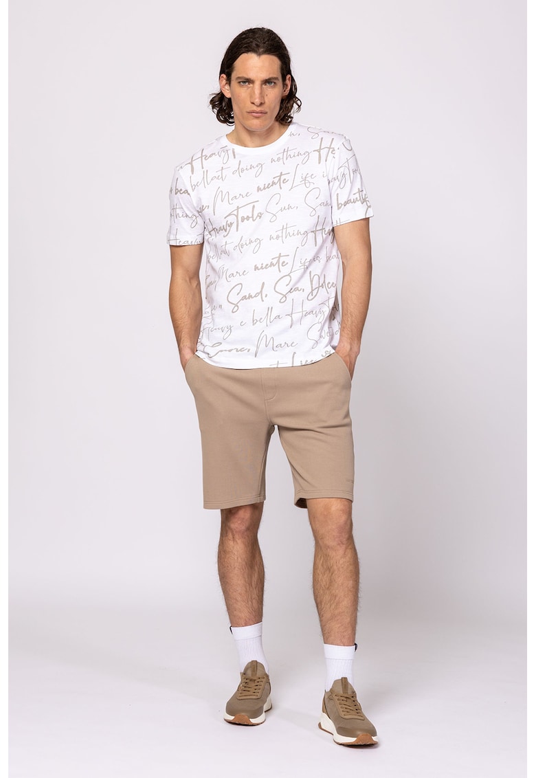 Tricou cu decolteu la baza gatului si imprimeu - Alb