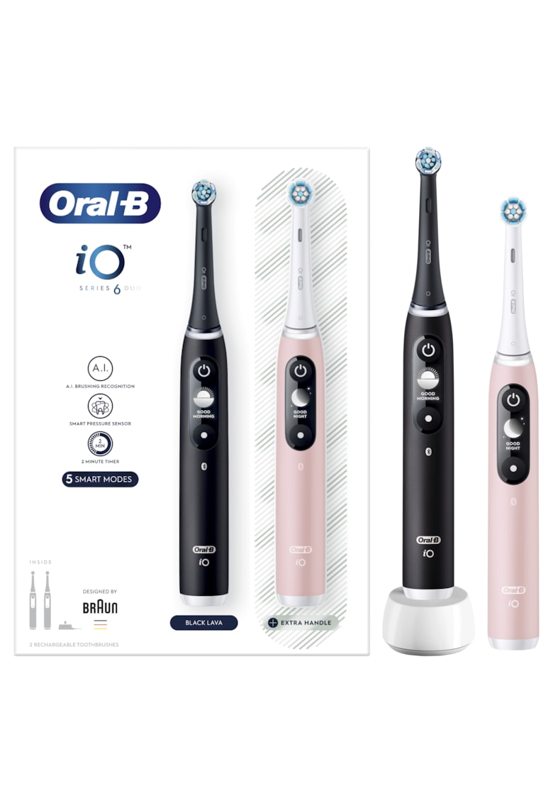 Periuta de dinti electrica iO6 cu Tehnologie Magnetica si Micro-Vibratii - Inteligenta artificiala - Display led interactiv - Senzor de presiune Smart - Timer vizibil - 5 moduri - 1 capat - Trusa de calatorie