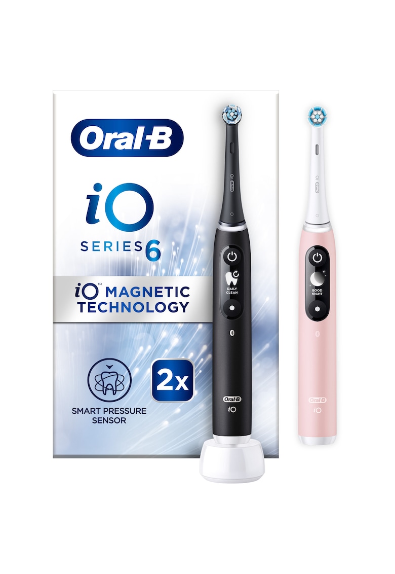 Periuta de dinti electrica iO6 cu Tehnologie Magnetica si Micro-Vibratii - Inteligenta artificiala - Display led interactiv - Senzor de presiune Smart - Timer vizibil - 5 moduri - 1 capat - Trusa de calatorie - Negru/Roz