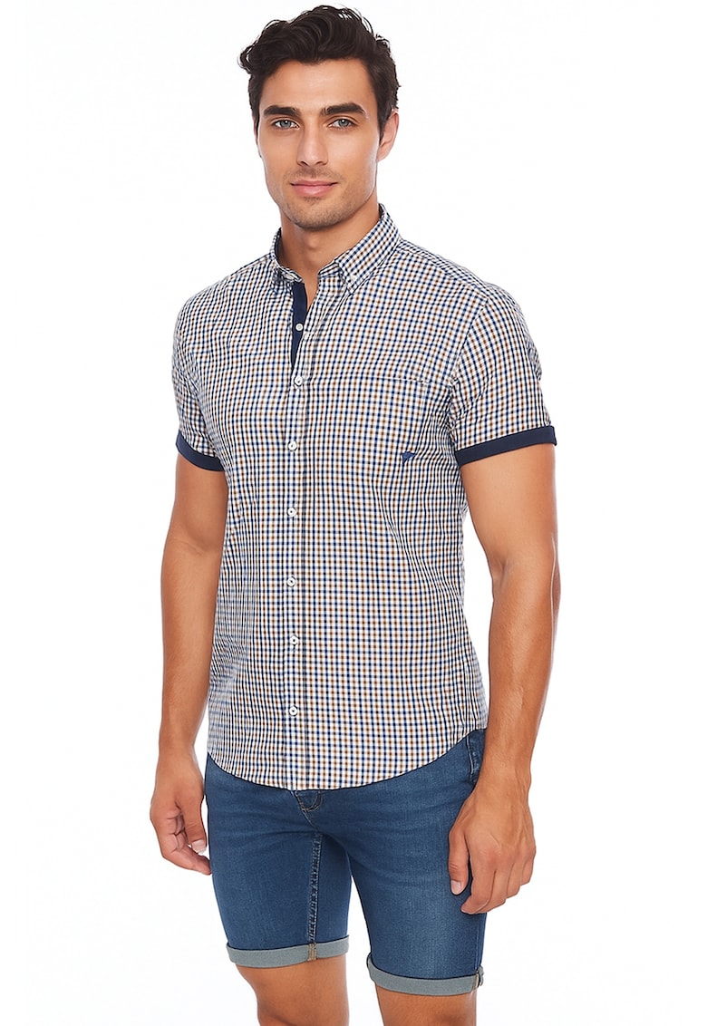 Camasa slim fit cu model - Galben/Albastru inchis