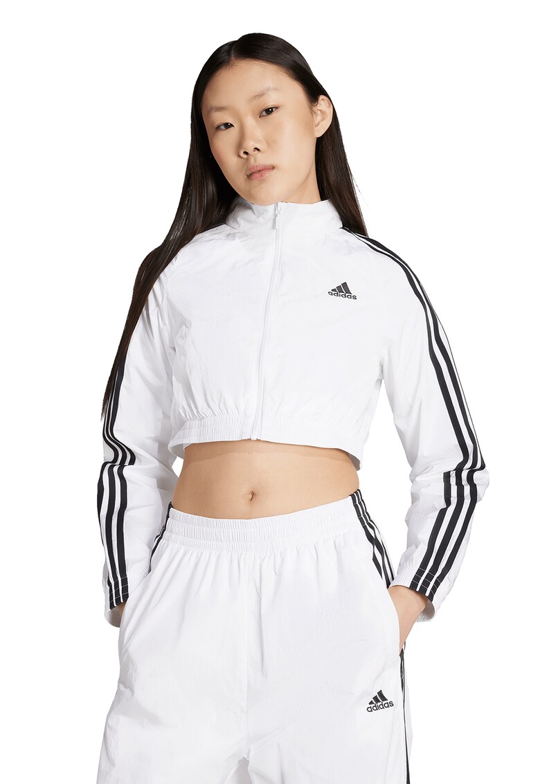 Bluza crop de trening cu fermoar si maneci cu dungi