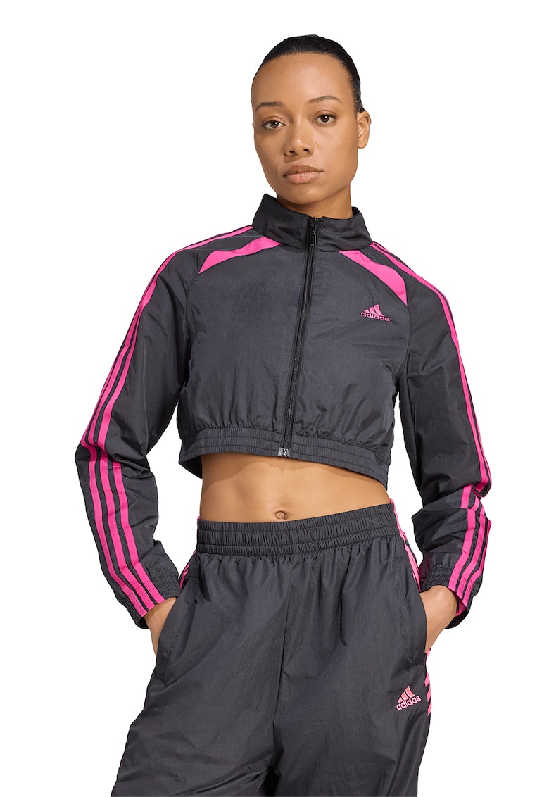 Bluza crop de trening cu fermoar si maneci cu dungi