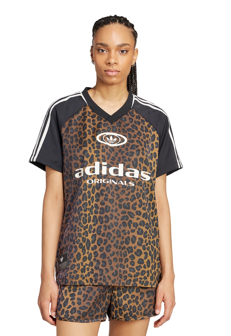 Tricou cu decolteu in V - animal print si imprimeu logo - Alb/Negru/Caramel