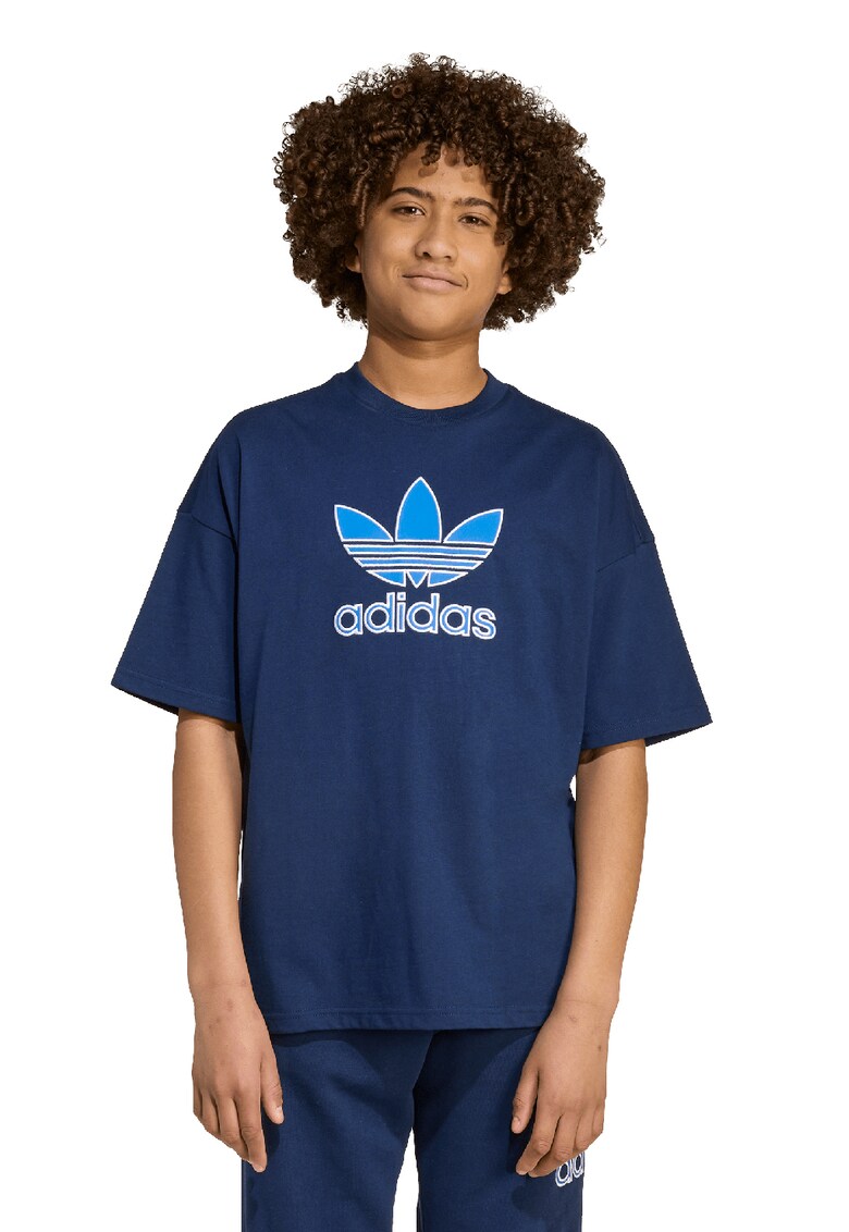 Tricou din bumbac cu logo si maneci cazute - Albastru inchis/Albastru deschis