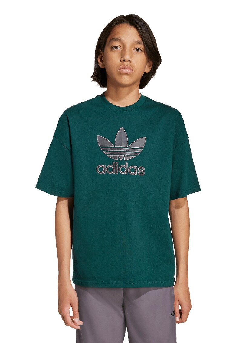 Tricou din bumbac cu logo si maneci cazute - Verde inchis