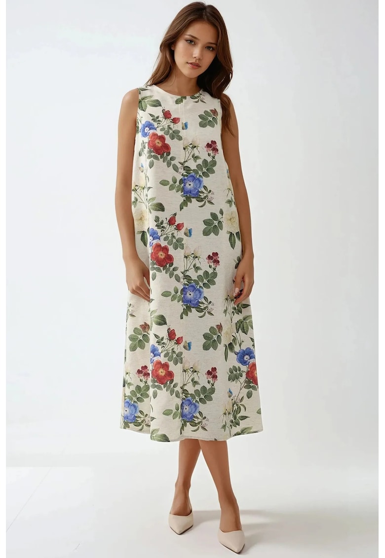 Rochie midi fara maneci - multicolor - din bumbac si in