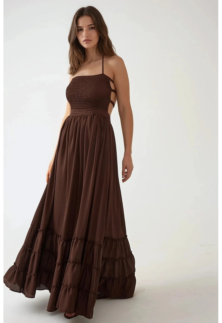 Rochie maxi - texturata - decolteu patrat - maro - jerseu