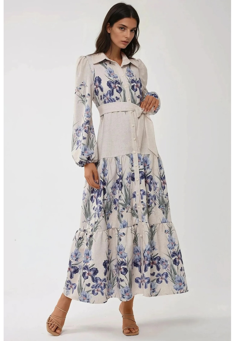 Rochie maxi -  imprimeu floral - alb - albastru - lycra