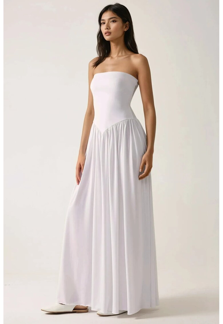 Rochie maxi fara bretele - alb - jerseu - cu buzunare ascunse