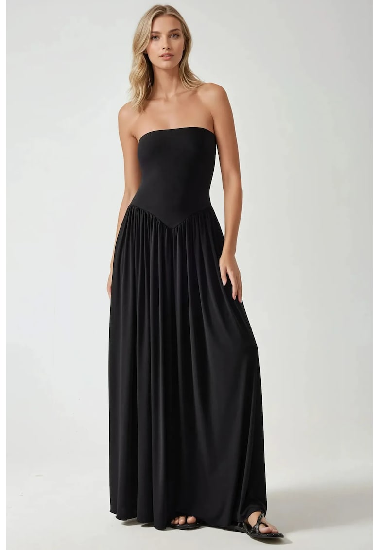 Rochie maxi fara bretele - neagra - jerseu - cu buzunare ascunse Rochie maxi fara bretele - neagra - jerseu - cu buzunare ascunse