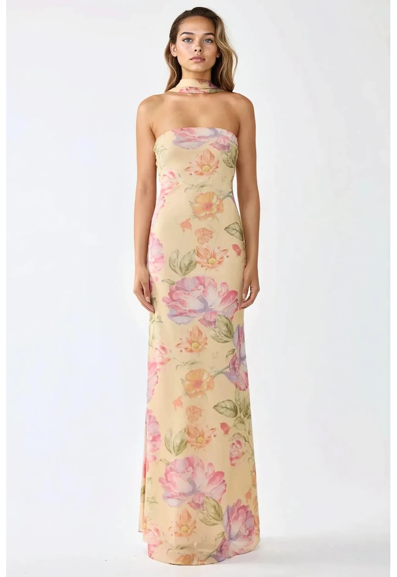 Rochie maxi -  fara bretele - imprimeu floral - multicolor - tul