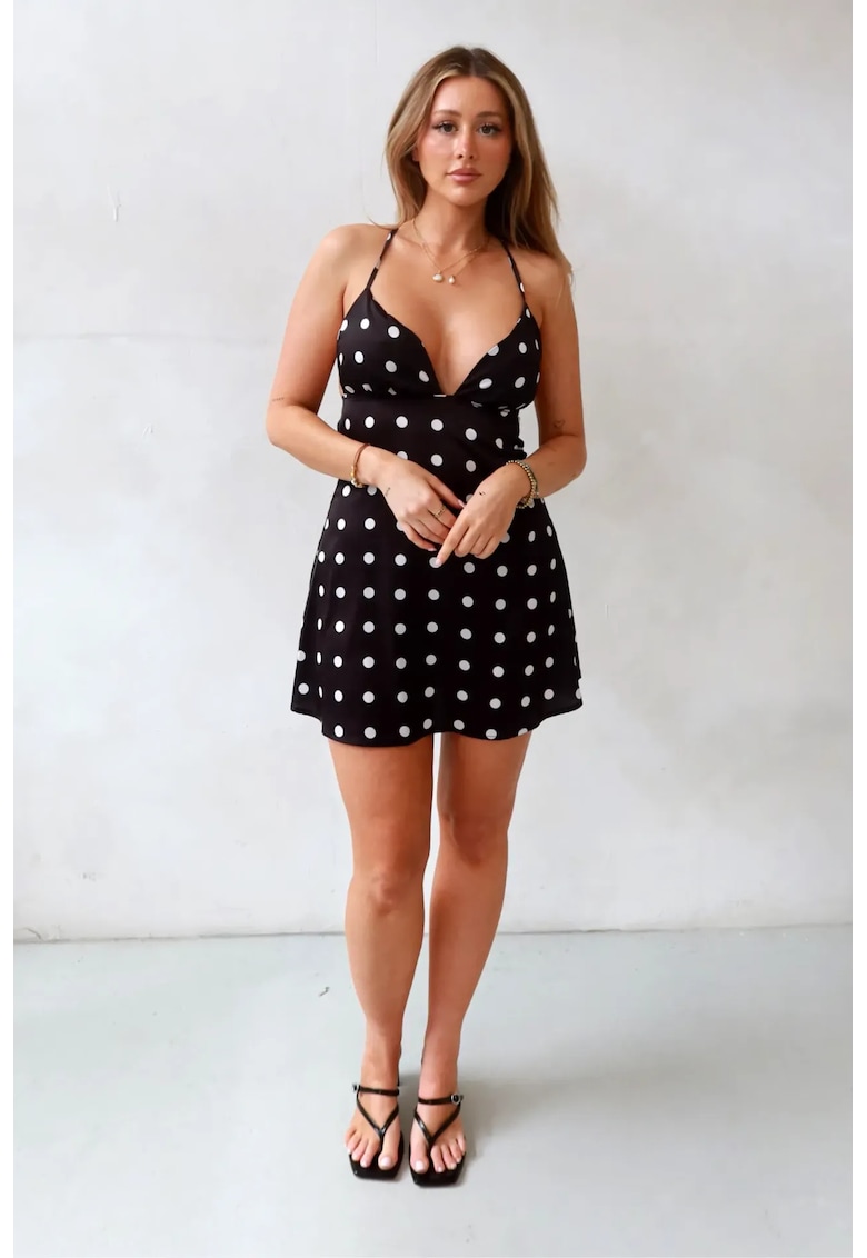 Rochie mini Emily Polka - decolteu in V - negru - satin