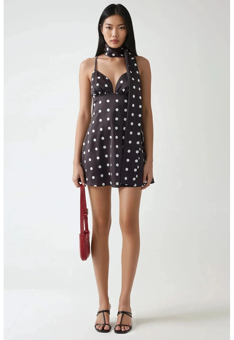 Rochie mini Emily Polka - decolteu in V - negru - satin