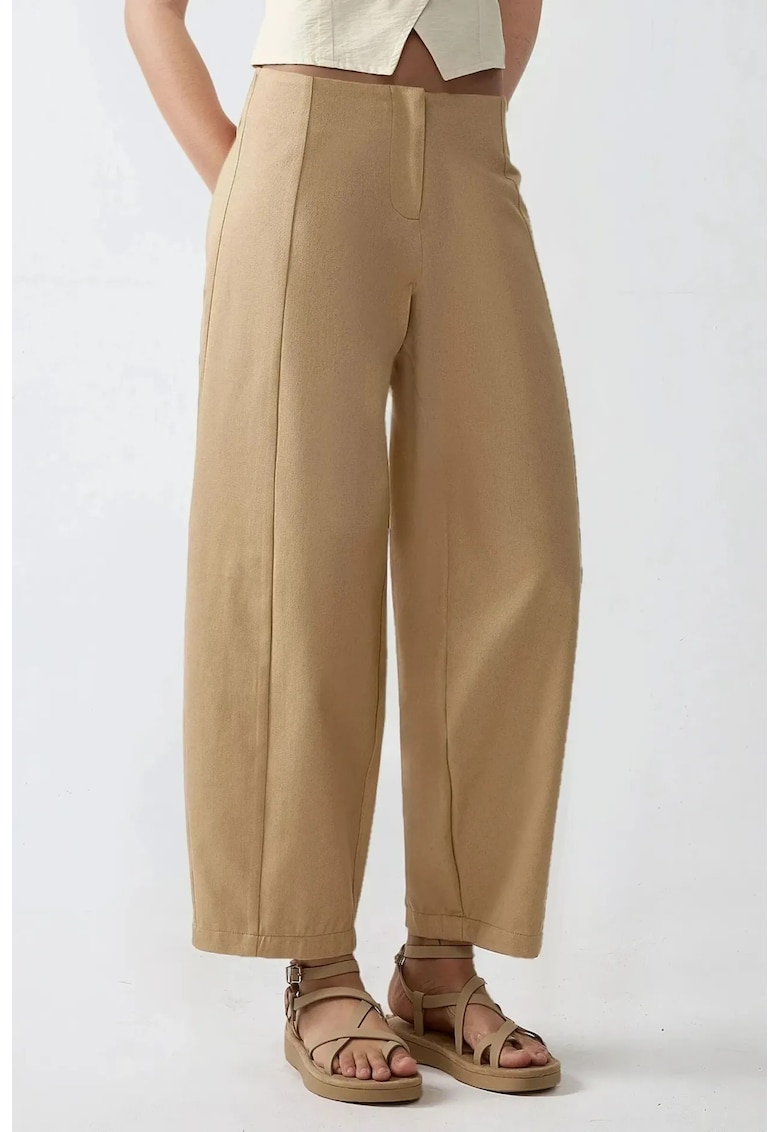 Pantaloni pentru dama -  talie inalta - textil - bej
