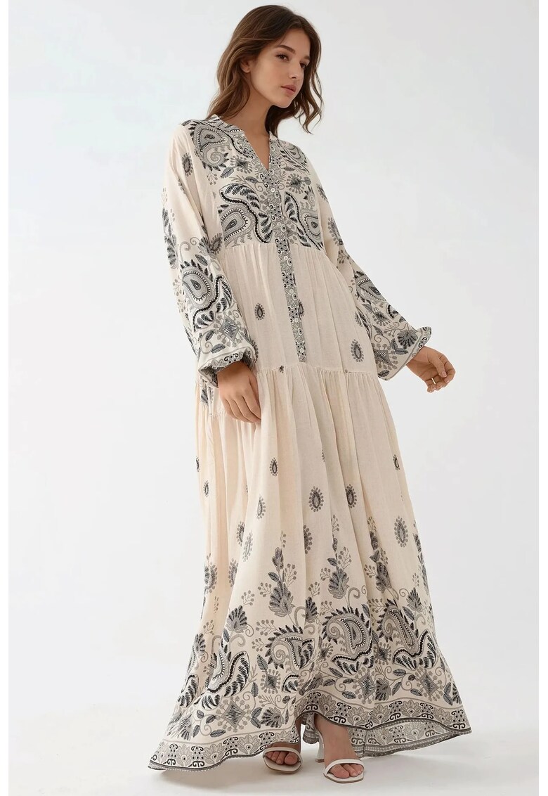 Rochie maxi - decolteu in V - detalii cu nasturi - gri - textil