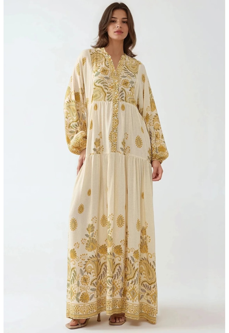 Rochie maxi - decolteu in V - galben - material textil