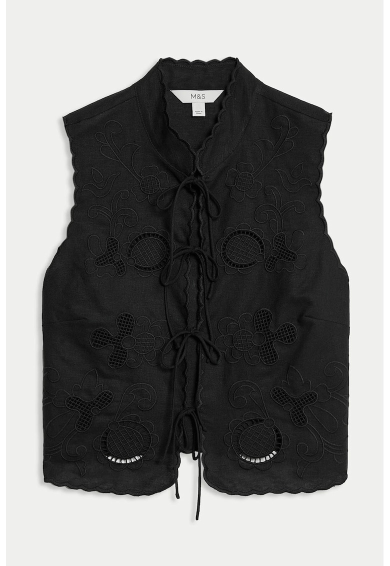 Vesta slim fit cu dantela Sangallo - din in si bumbac - Negru