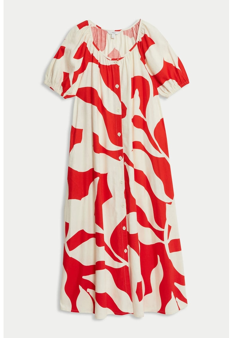 Rochie din amestec de in cu nasturi - Rosu/Alb fildes