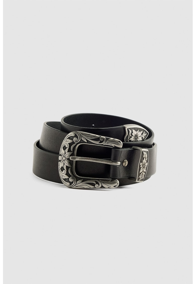 Curea de piele cu detalii florale - Negru