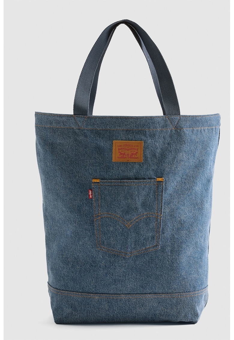 Geanta tote din denim cu buzunar frontal